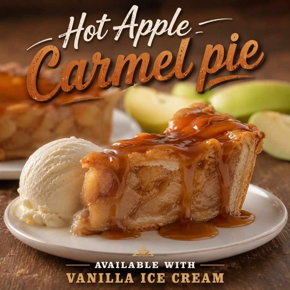 Hot Apple Caramel Pie with Vanilla Ice Cream and caramel drizzle served fresh.